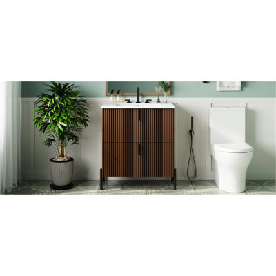 Dark Brown 30 Inch Bathroom Vanity, Ceramic Sink, Intelligent Storage Solution, Soft Close Drawers, Fluted Design For Contemporary Bath Environments Vanity With Drawer Slides, Hue, Dual Storage,