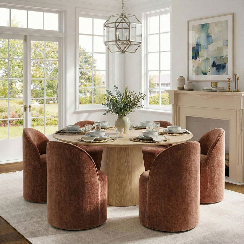 6 - Person Dining Table Sets With Round Table & 6 Upholstered Chairs, Rust, Natural