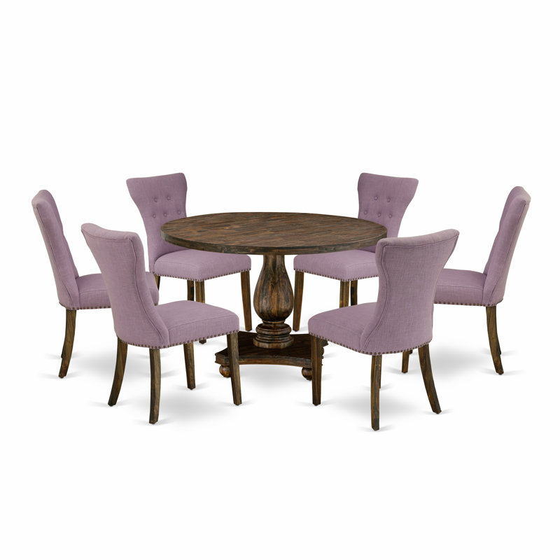7 Piece Dining Set Consist of a Round Dining Room Table with Pedestal and 6 Dahlia Linen Fabric Upholstered Parson Chairs, Distressed Jacobean