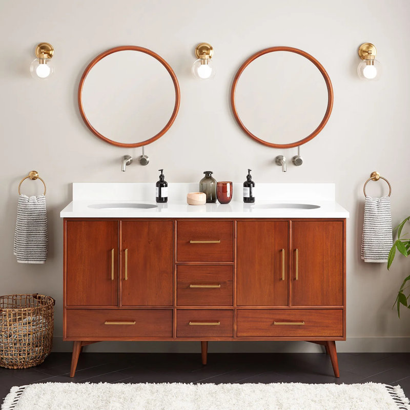 60" Novak Double Bathroom Vanity Set with Oval Undermount Sinks, 8" Widespread, White, Arctic White Quartz
