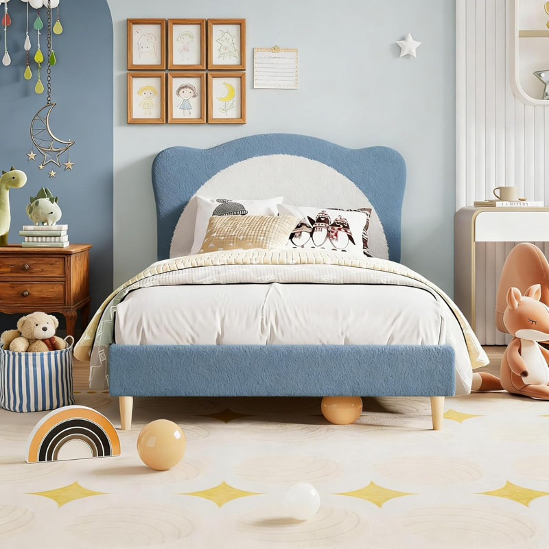 Full Size Bed Frame for Kids - Cute Velvet Princess Platform Bed with Upholstered Headboard for Girls/Boys, Solid Wood Slats Support, No Box Spring Needed, Blue + White