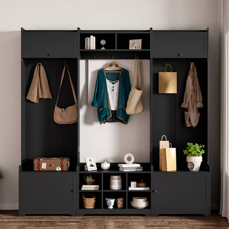 Black Hall Tree with Shoe Storage, Entryway Bench & 7 Coat Hooks, Black