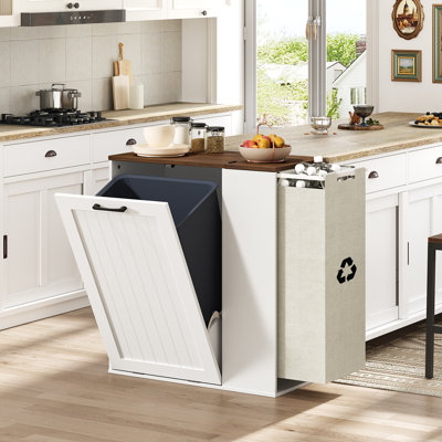 10 Gallon Tilt Out Trash Can Cabinet, Hidden Garbage Storage With Bottle Recycling Compartment