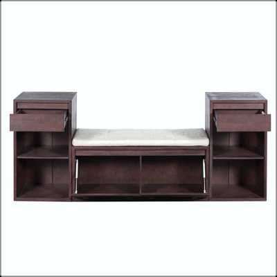Banc de rangement tout-en-un avec coussin, tiroirs et tablettes ouvertes - Espresso