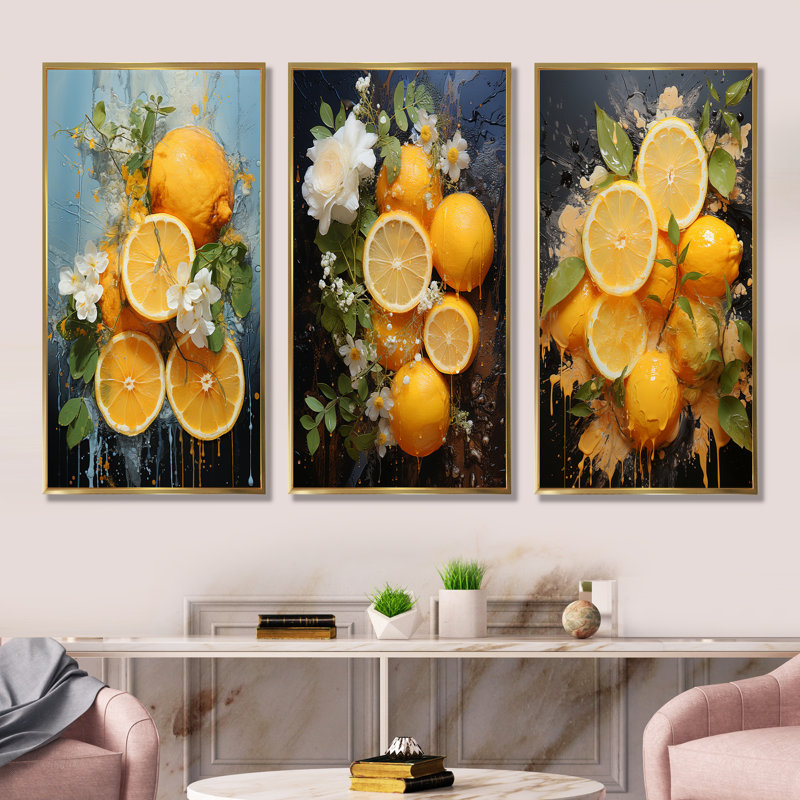 Jaune et jaune Yin Yang Lemon - fruits, ensemble de 4 reproductions d'art mural, Cadre flottant doré, H 28 po x l 36 po