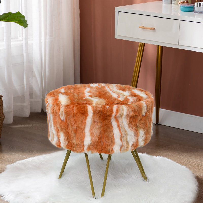 Markie Everly Quinn Round Faux Fur Ottoman, Burnt Orange