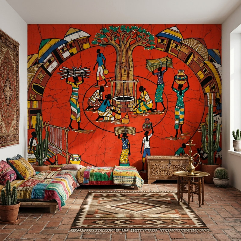 Papier peint village africain avec art populaire, 200 po x 120 po, Peler et coller