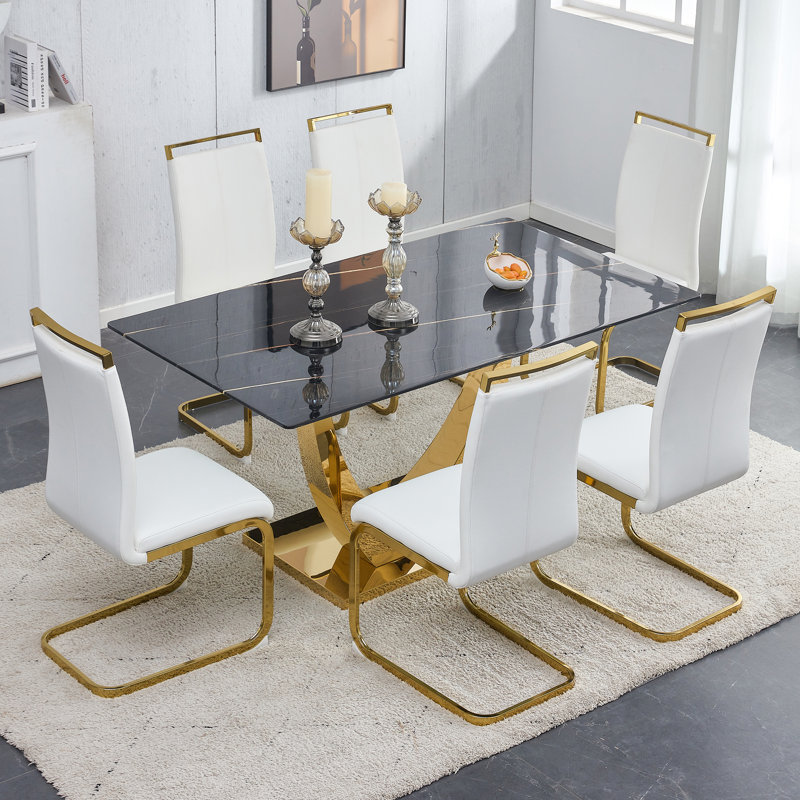 Aurora Morden Mid-Century 63" Rectangular Dining Table Set with Faux Leather Chairs, White, Black