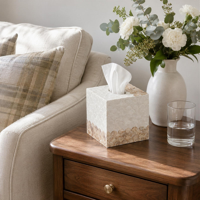 Boîte à mouchoirs en forme de coquillage, porte-mouchoirs décoratifs, boîte à mouchoirs carrée à carreaux faite main, avec fond coulissant, style bohème côtier, idéale pour Kleenex, salle de bain, table basse, blanc et or