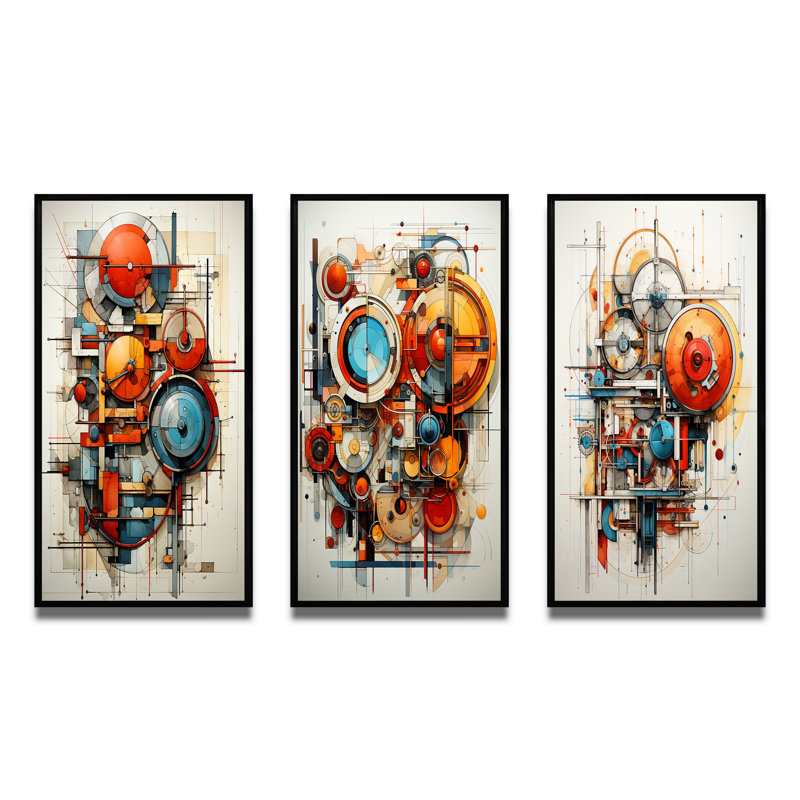 «Constructivism Dynamic Assemblage Geometric», 3 pièces, Cadre noir, H 20 po x l 36 po