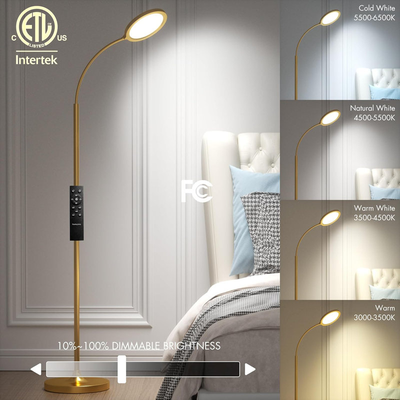 Lampe sur pied à DEL super brillante avec couleur à intensité variable, col-de-cygne flexible et télécommande, Doré