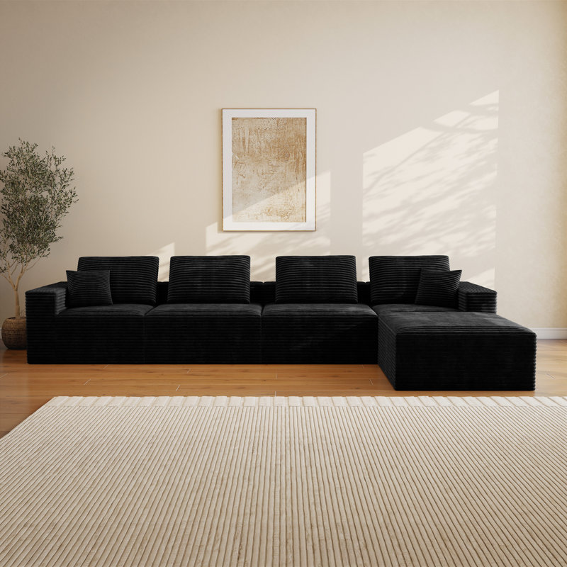 Abdou 141.7" L-Shaped Compression Sectional Sofa With Chaise, Corduroy Cloud Couch, Black