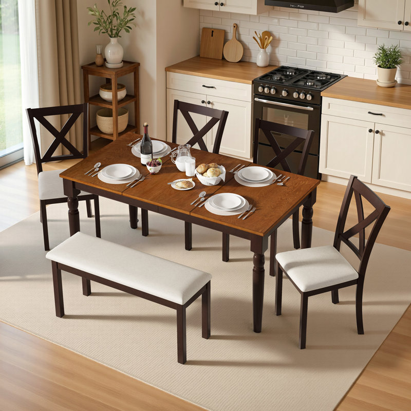 Deral 6-Piece Farmhouse Solid Wood Dining Table Set With Bench, Dark Brown & Black    , Black