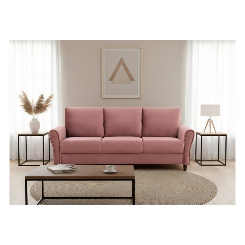 Canapé à accoudoirs courbés 3 places en polyester Rose avec structure en bois Patricia
