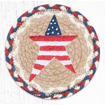 Earth Rugs Round Large Coaster – Primitive American Star Design, Braided Jute, Rustic Patriotic Table Accent, 7" H
