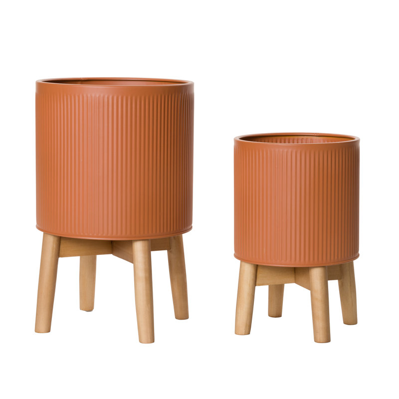 Scarlette Mid Century Modern Indoor Metal Pot Planter 4-Leg Wood Base - Set