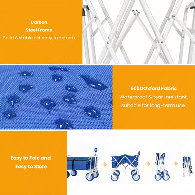 Chariot de plage robuste avec roues tout-terrain de 23 cm (9 po), capacité de 227 kg (500 lb), chariot pliable surdimensionné de 150 L avec glacière et sacs de rangement, bleu