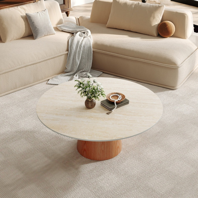 Table basse ronde en travertin moderne avec piédestal en bois massif, 17.32" H x 35.43" L x 35.43" W, White/Walnut