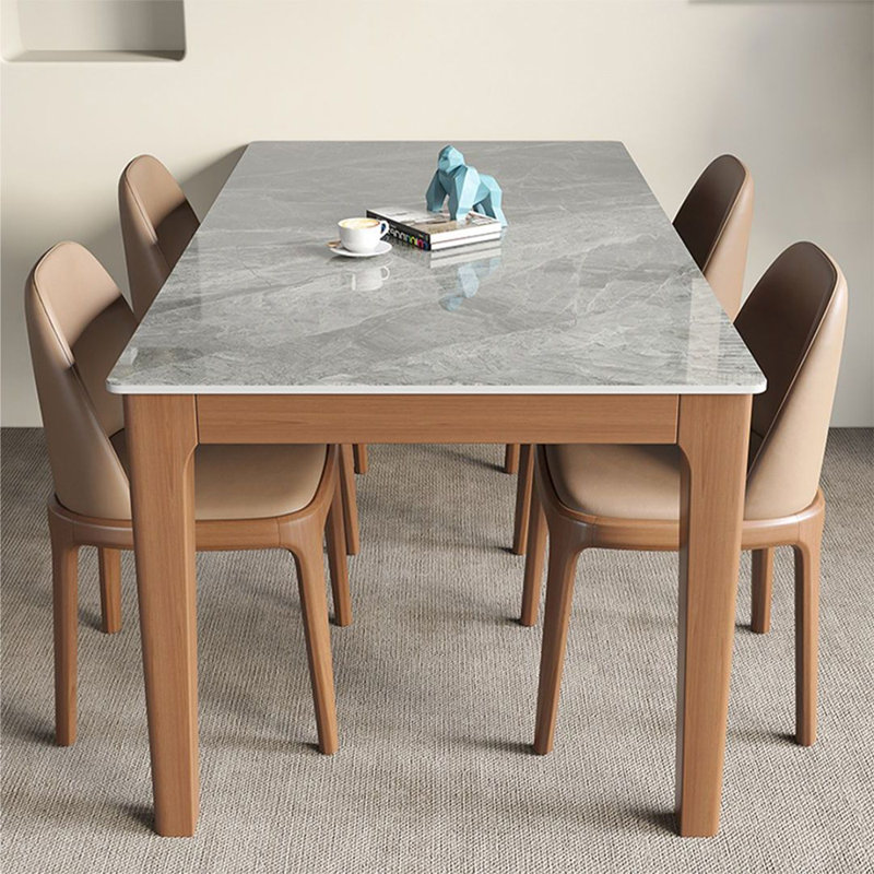 Grey+Tan Rectangular Stone+Solid Wood Dining Table, 29.53"H x 55.12"L x 31.5"W