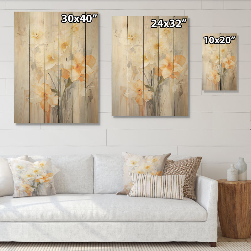 Minimalisme, fleurs de jonquilles blanches et oranges I - Art mural en bois jonquilles sur bois de pin naturel