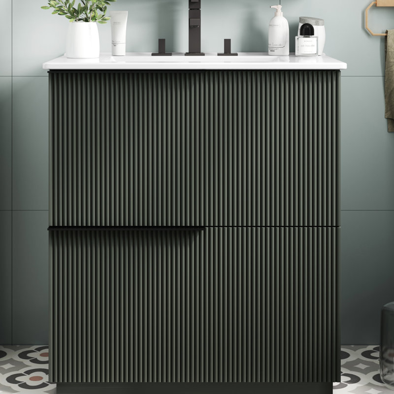 Meuble-lavabo de 30 po avec lavabo en céramique, glissières de tiroir à fermeture en douceur et conception cannelée pour des configurations sophistiquées avec des tiroirs à extension complète ton sur ton