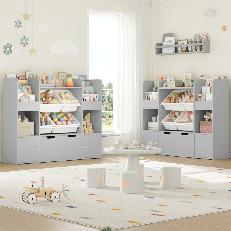 Grande bibliothèque de 50 po pour salle de jeux, rangement avec 4 paniers à jouets, 6 casiers de rangement et tiroir mobile