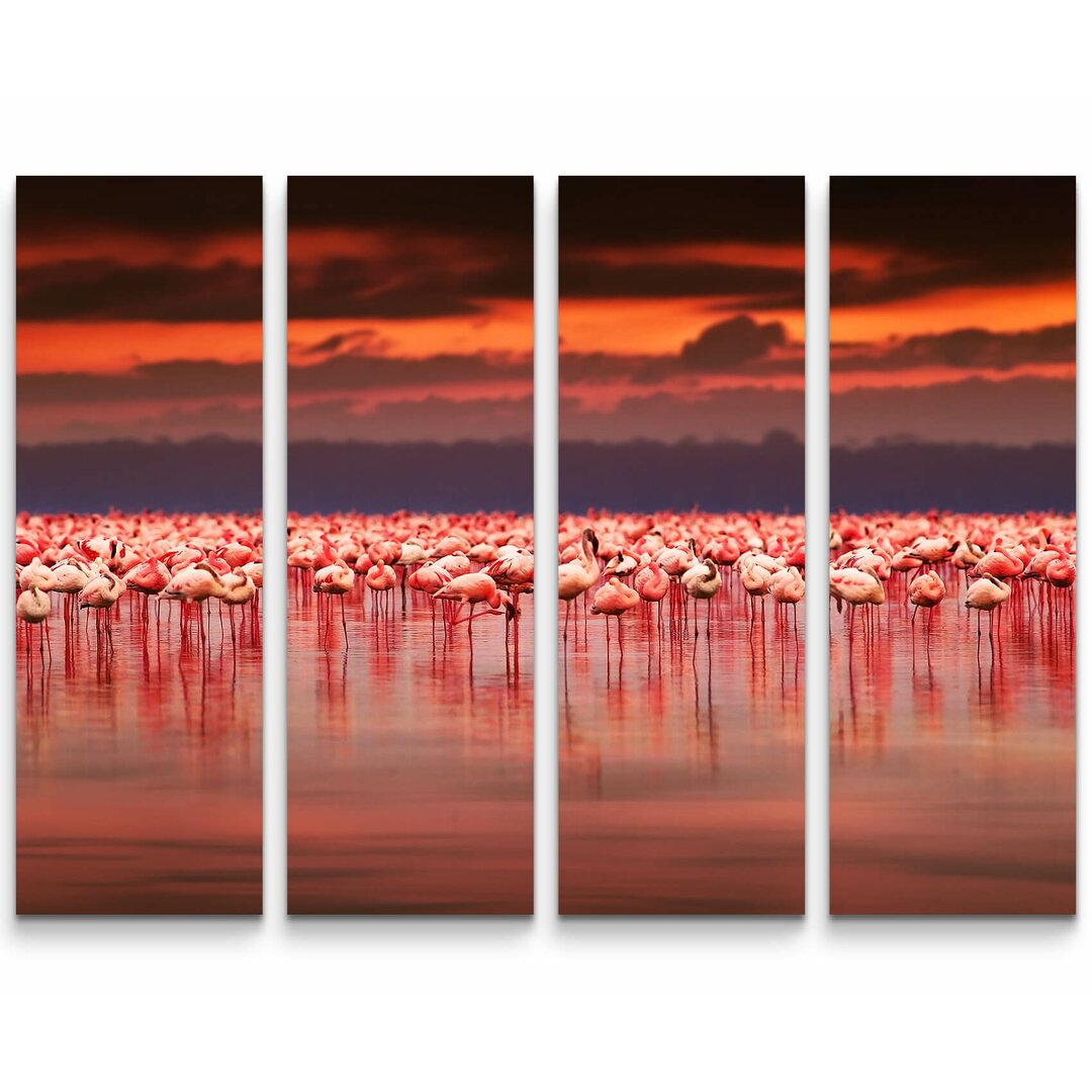 4-tlg. Leinwandbilder-Set Flamingos im Sonnenuntergang