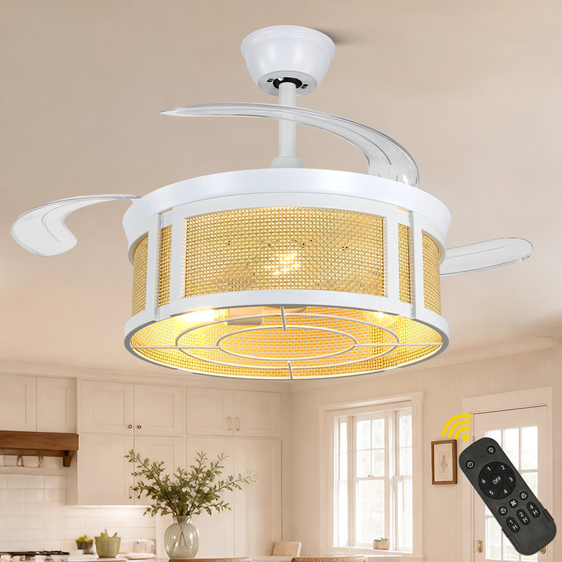 42" White Retractable Ceiling Fan with Lights, 6 Speeds Boho Rattan Ceiling Fan with Remote Fandelier Ceiling Fan for Bedroom