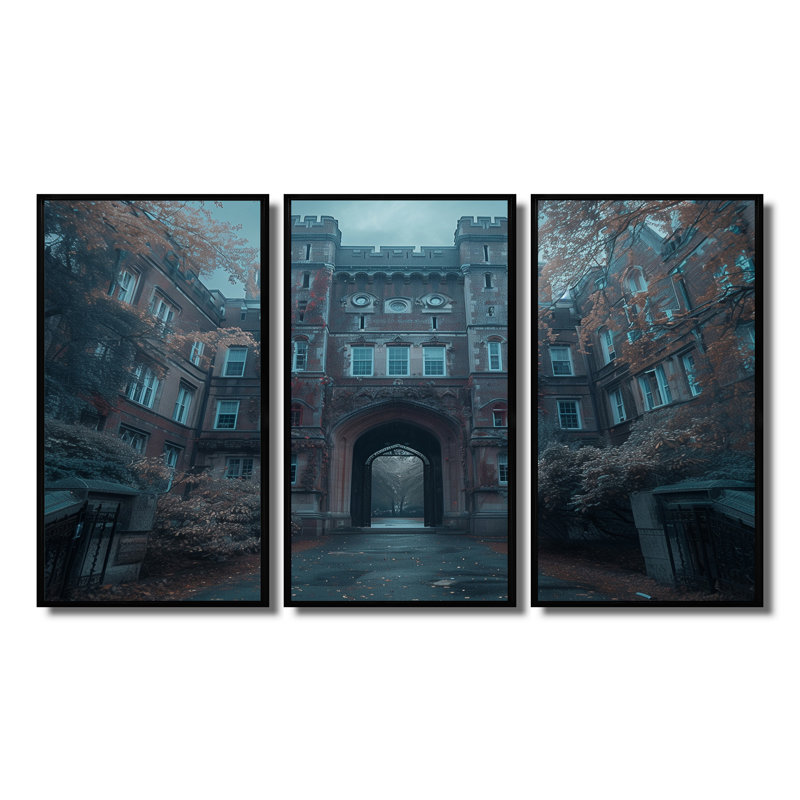 Ensemble de décorations murales gris et gris Stormy Charm I - College & University Buildings, Toile avec cadre flottant noir