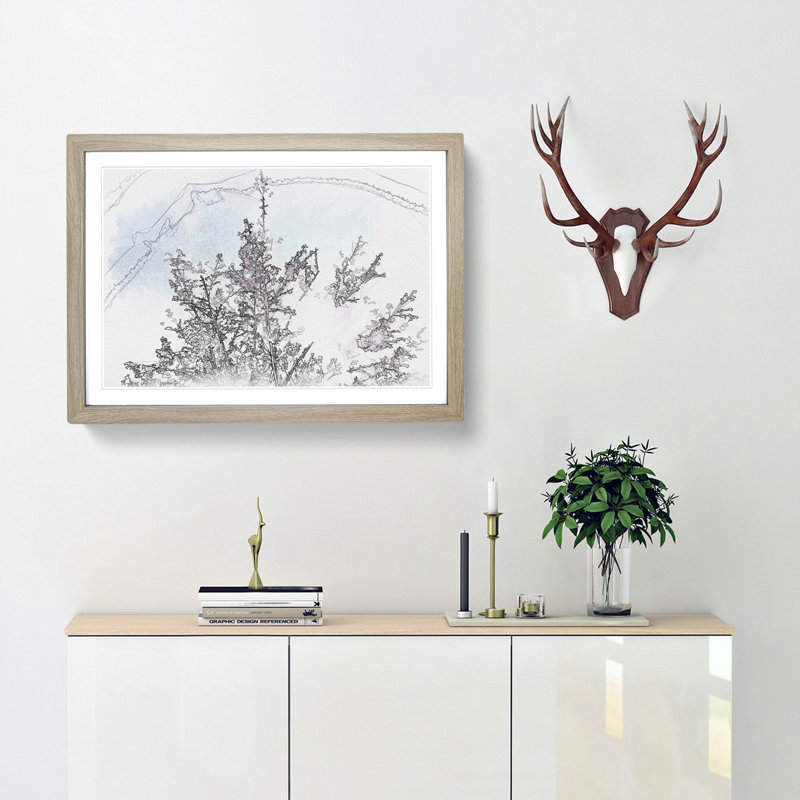 Pink Japanese Cherry Tree in Spring Sketch - Picture Frame Graphic Art Print, 45cm H x 63cm W x 2cm D, Oak Framed