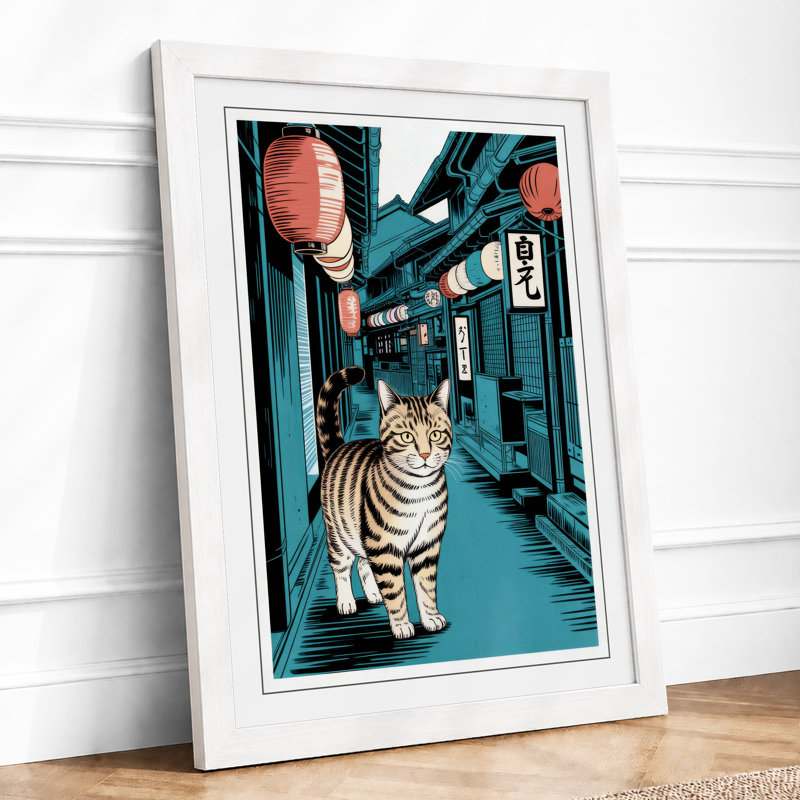 Cat in Lantern Light Japandi - Framed Print, A4 - 29.7 x 21.0 cm, White