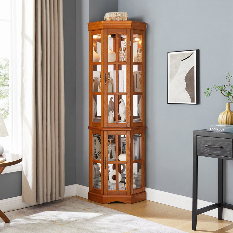Cabinet d'angle avec 5 tablettes et système d'éclairage (ampoule E26 non incluse), Oak