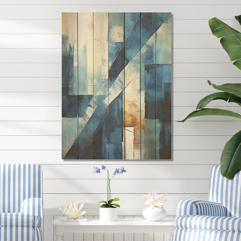 Formes nautiques bleues et blanches III - Minimalisme côtier sur bois, H 20 po x l 10 po