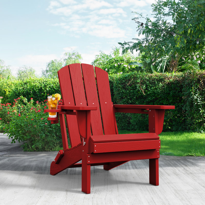 Chaise Adirondack pliante en polyéthylène haute densité Wolak avec porte-gobelet double, Rouge foncé
