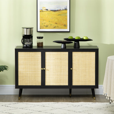 Buffet Sholes avec portes décoratives en rotin, noir