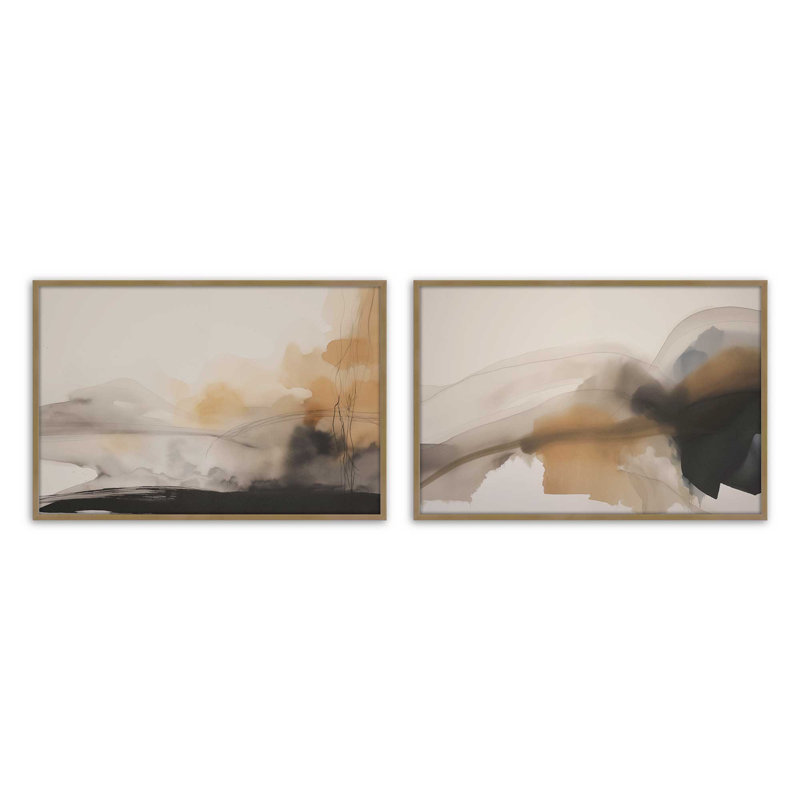 Ensemble de 2 estampes en cuivre rustique élégantes dans un cadre noir, 18 po x 24 po, Or brossé, H 19,25 po x l 50,5 po