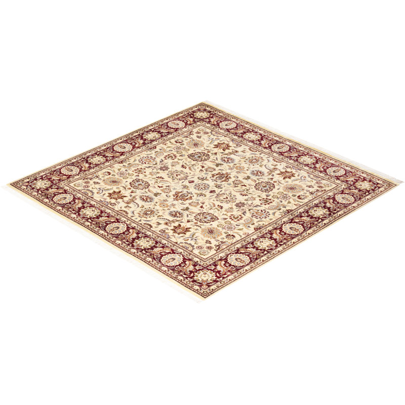 Ivory and Red Hand-Knotted Square Wool Area Rug