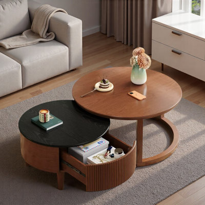 Table basse vintage gigogne avec tiroir et cannelure
