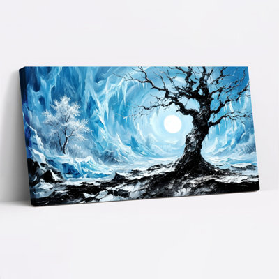 Tableau sur toile tendue représentant un paysage d'hiver avec un arbre enneigé et un clair de lune (lot de 1)