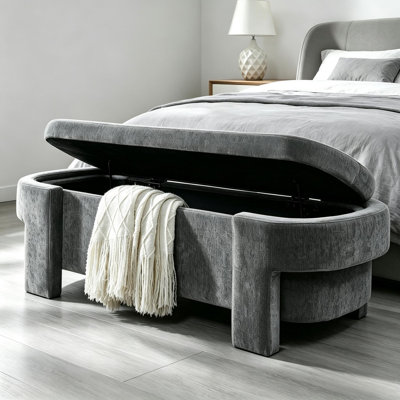 Banc de rangement ovale rembourré avec 4 pieds, 51,5 po x 20,5 po x 17 po, gris