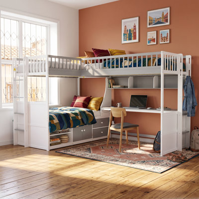 Lit superposé en L pour 3 personnes avec bureau intégré, port de chargement USB, lampe à DEL, étagères de rangement, armoire et tiroirs - GRIS