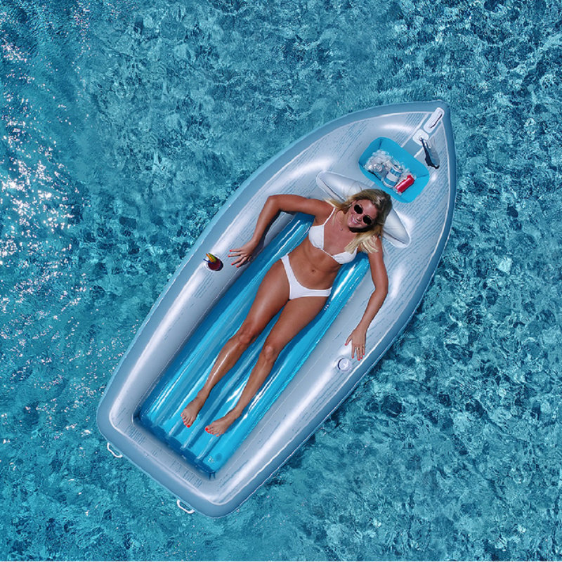 105-Inch Inflatable Gray And Blue Classic Boat Cruiser With Cooler Pool Float