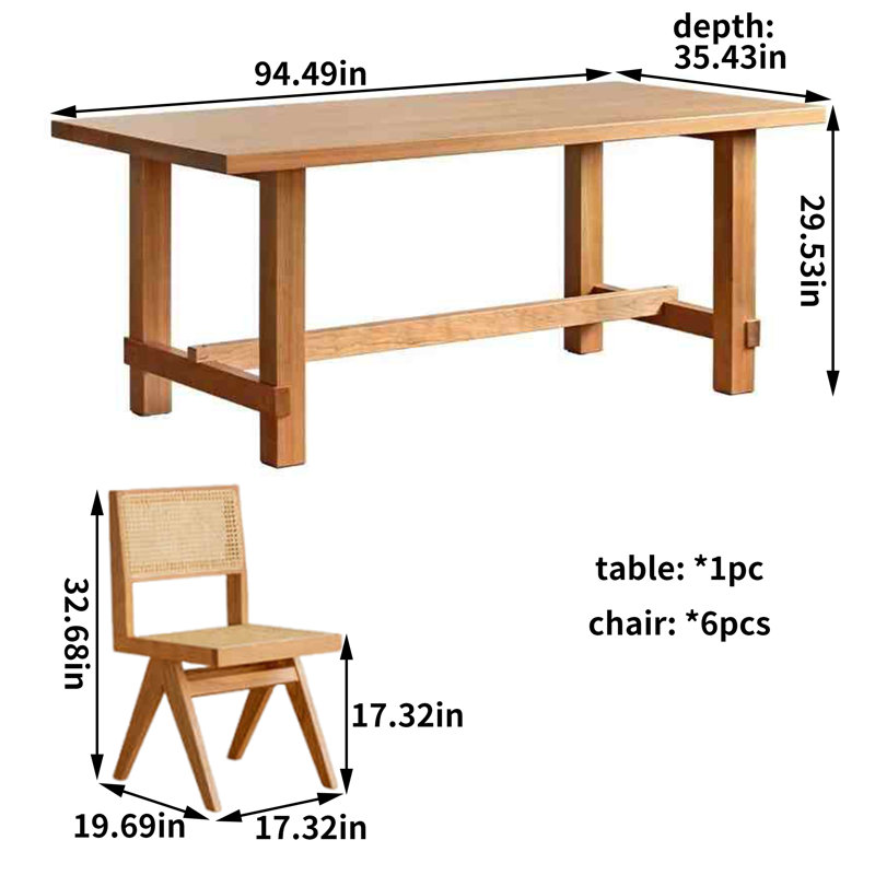 Ensemble de grande table de salle à manger rectangulaire en bois massif, H 29,53 po x L 94,49 po x l 35,43 po