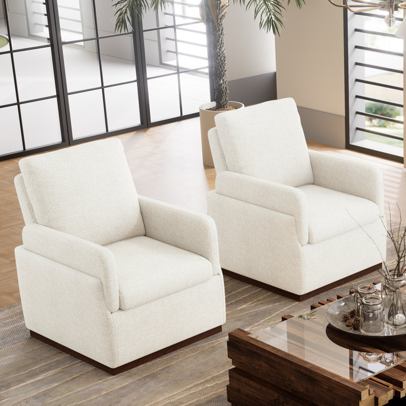 Boucle  Upholstered Accent Chair Wing Back Armchair With Solid Wood Base, White