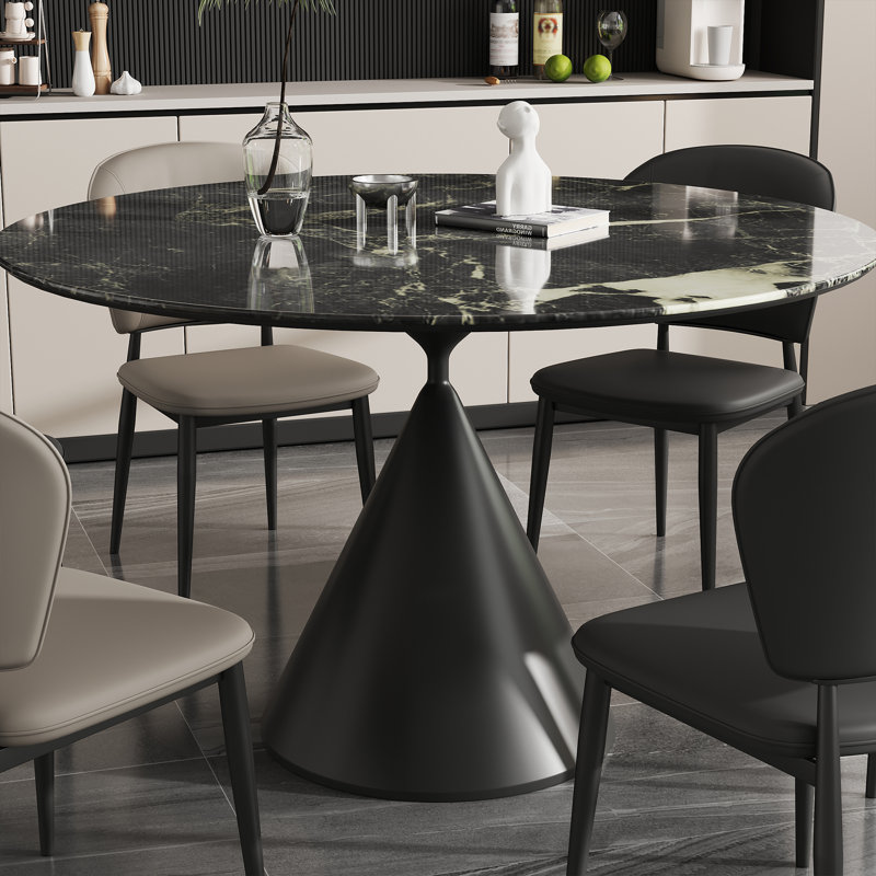 Round Dining Table With Sintered Stone Tabletop, Black