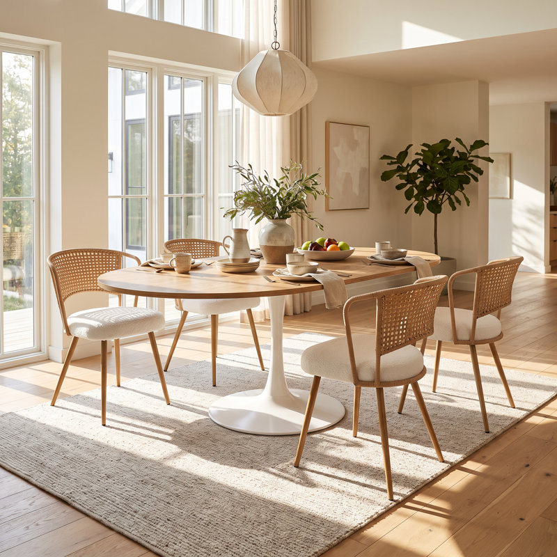 Table de salle à manger extensible ronde-ovale de style moderne du milieu du siècle (147 cm) pour 4 à 6 personnes, avec pied central tulipe en métal, couleur naturelle.