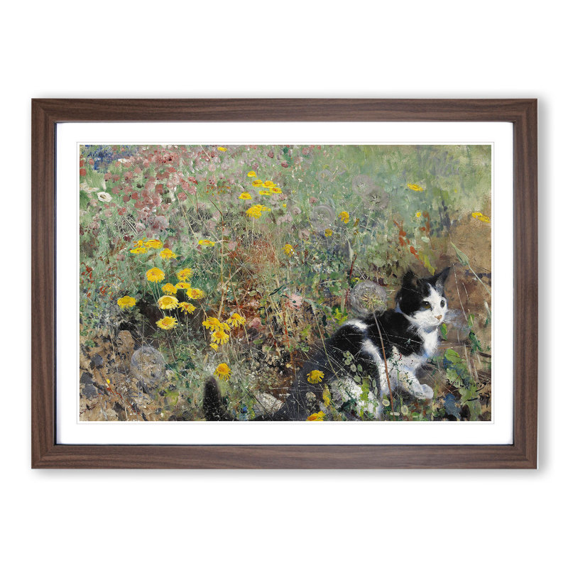 Cat on a Flowerbed by Bruno Liljefors - Picture Frame Painting, 36cm H x 48cm W x 2cm D, Walnut Framed