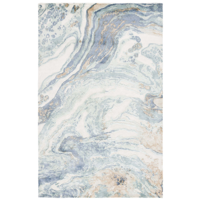 Tapis bleu / ivoire en viscose / laine / coton noué à la main Mirage 643, Rectangle 6 pi x 9 pi