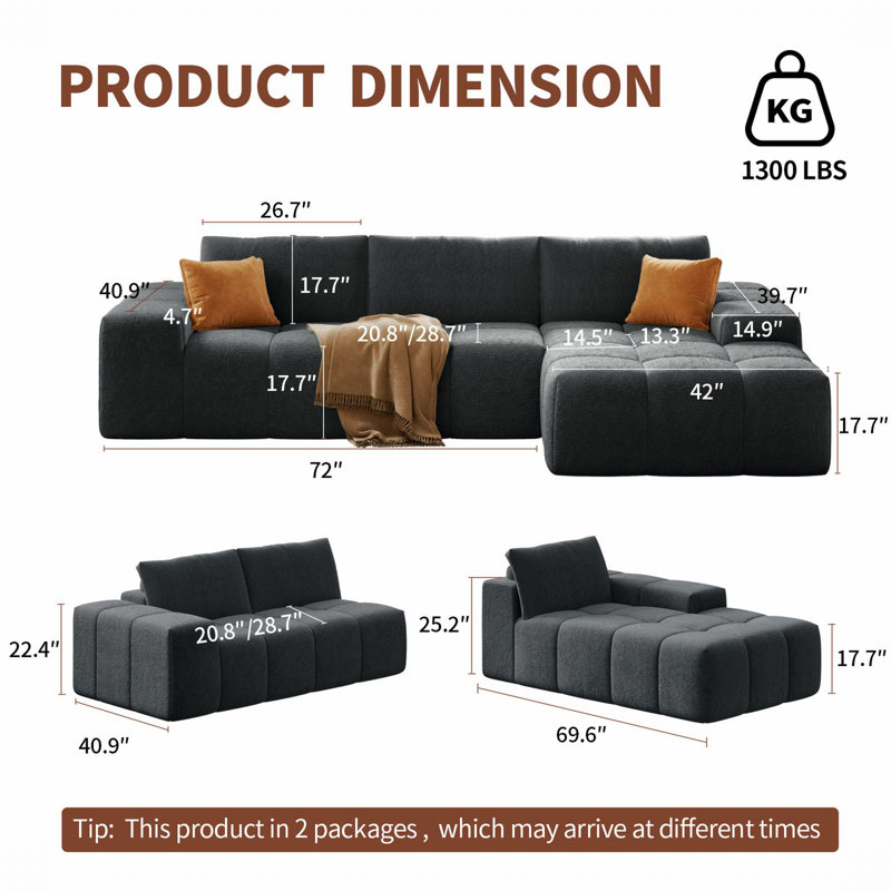 Canapé modulaire en flanelle 2 pièces Airica, Orienté à droite, Flanelle noire