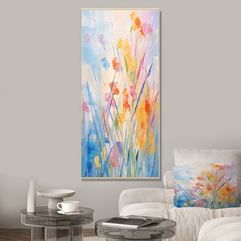 Jaune et rose Meadows Breeze I - prairie, art mural, Cadre flottant brun, H 44 po x l 34 po